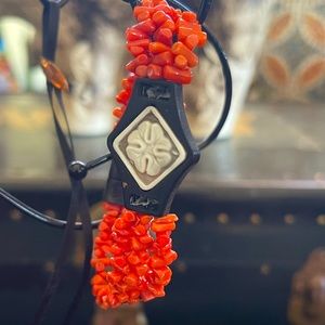 Italian Red Coral Bracelet. Black Coral Accents with White Flower Inlay